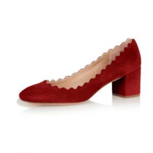 FSJ Red Chunky Heels Suede Round Toe Pumps